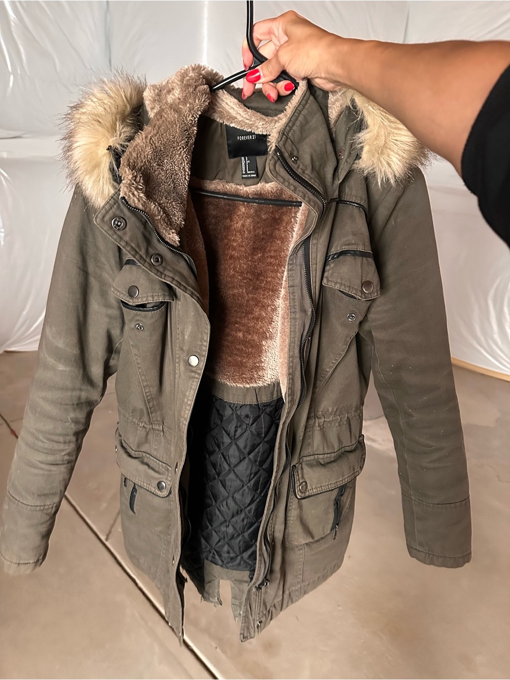 Forever 21 Olive Green Faux Fur Lined Parka Jacket